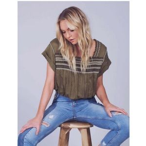 Free People Army Green Embroidered Tee Top